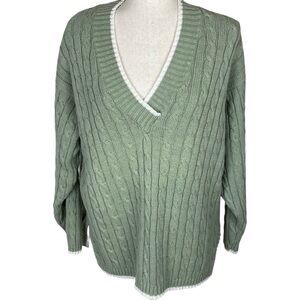 Vintage SK Wear L green cotton fisherman cable knit pullover sweater